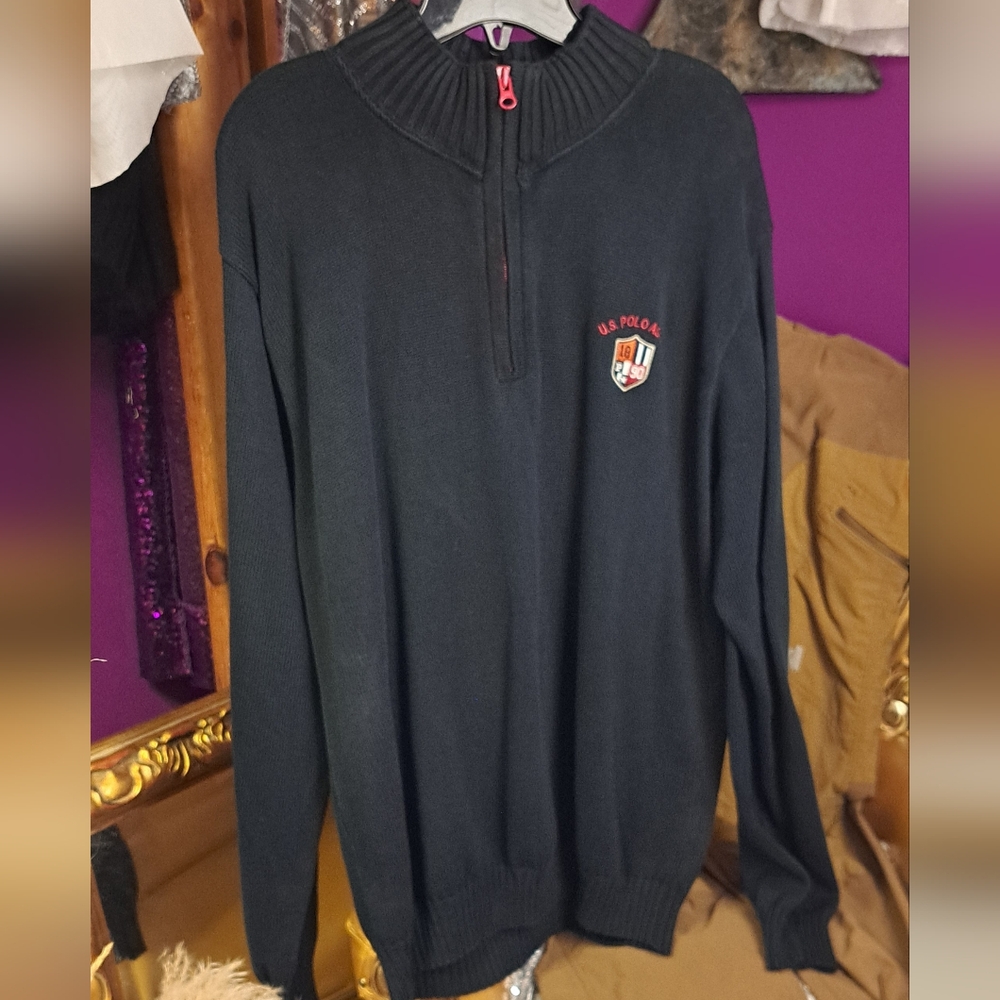 U.S. Polo Assn. Men's Dark Blue Quarter Zip-Up Sweater. Stitched Logo. XL
